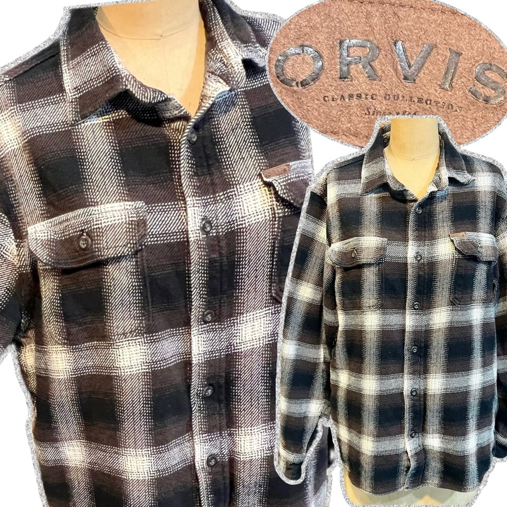 Orvis earthy tartan plaid flannel heavy shirt jacket shacket button down neutral